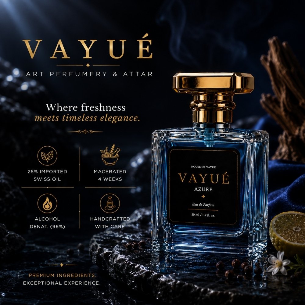 VAYUÉ — Art Perfumery & Attar. Where freshness meets timeless elegance. Azure Eau de Parfum, 50ml.