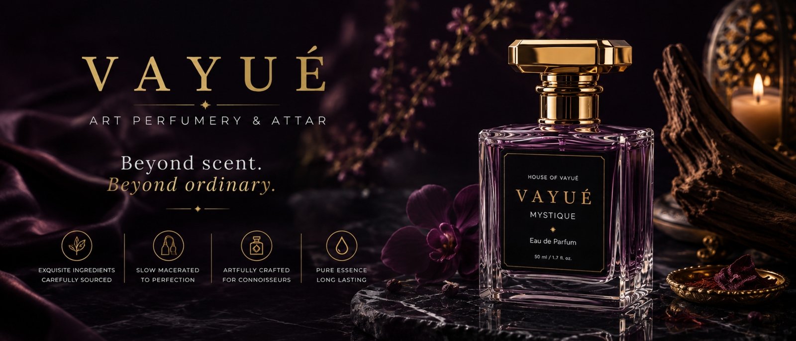 VAYUÉ — Art Perfumery & Attar. Beyond scent. Beyond ordinary. Mystique Eau de Parfum, 50ml.