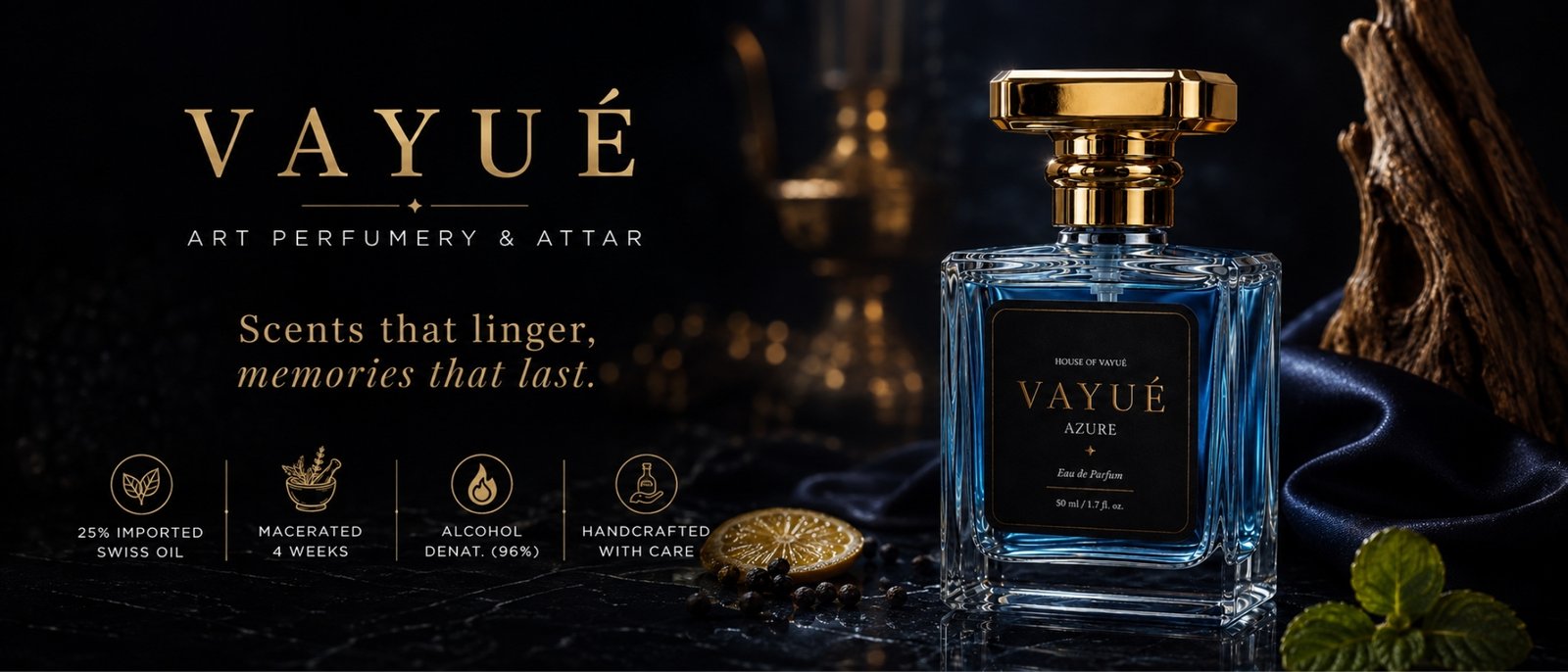VAYUÉ — Art Perfumery & Attar. Scents that linger, memories that last. Azure Eau de Parfum, 50ml.